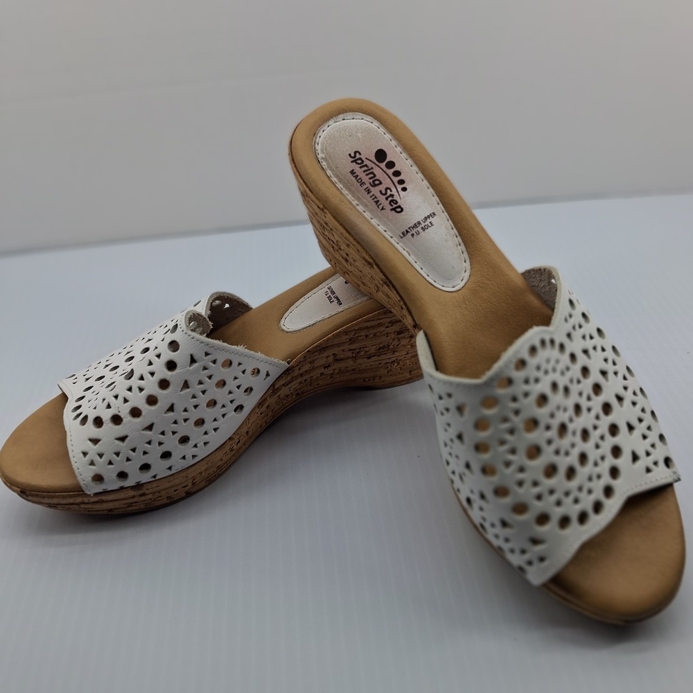 Spring Step Italy Womens 40 US 9.5 Sandals White Laser Cut Slip On Wedge Leather